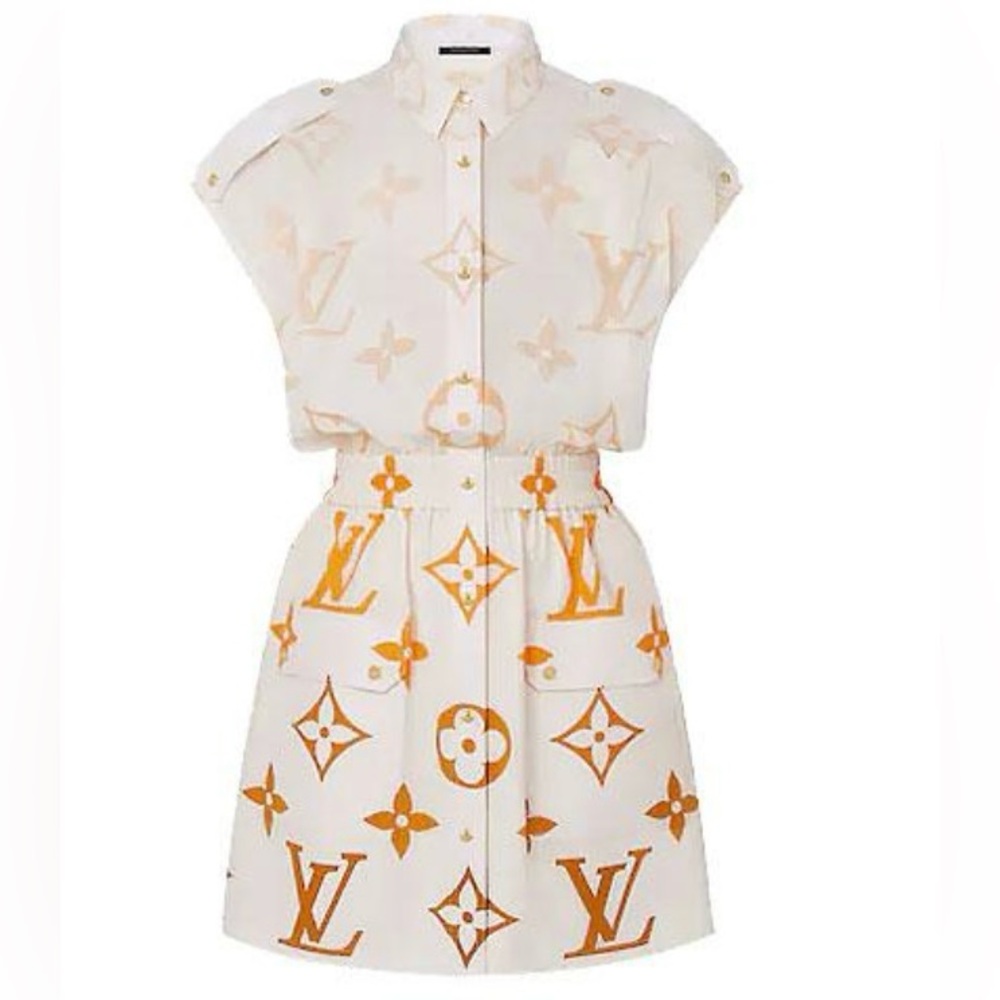 Louis Vuitton Cream Mini Dress with Orange Monogram Print